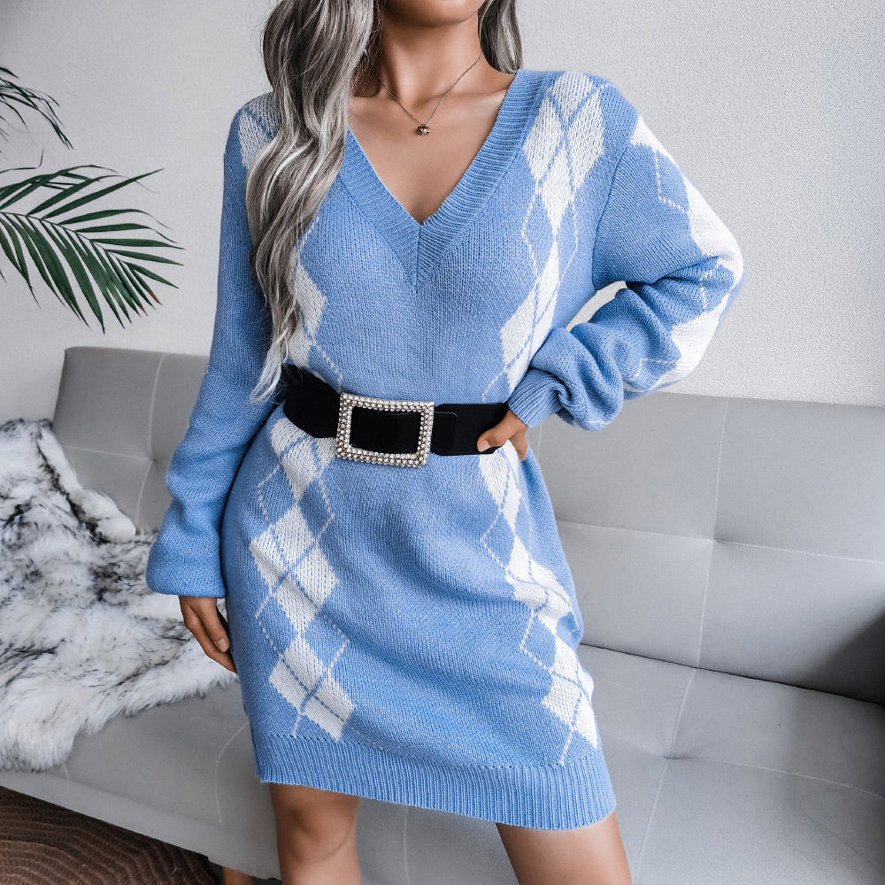 Argyle Two-Tone V-Neck Sweater Dress (Belt Not Included)