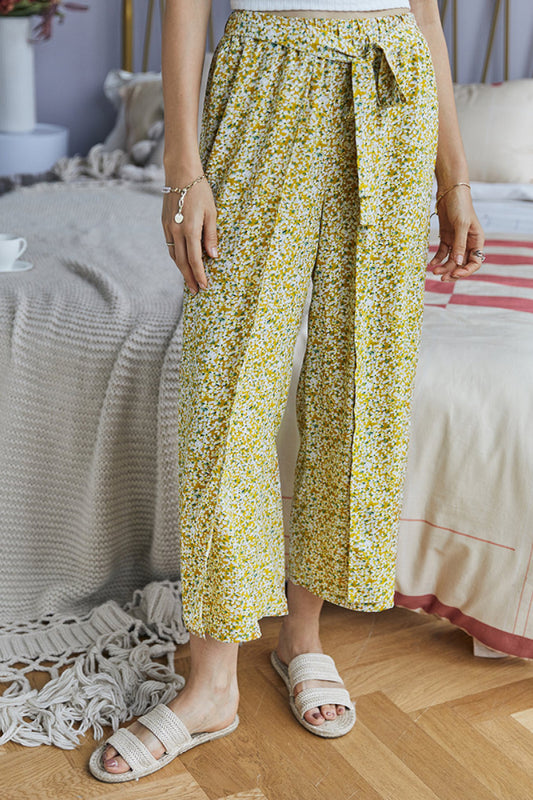 Dainty Floral Tie Waist Wide Leg Pants