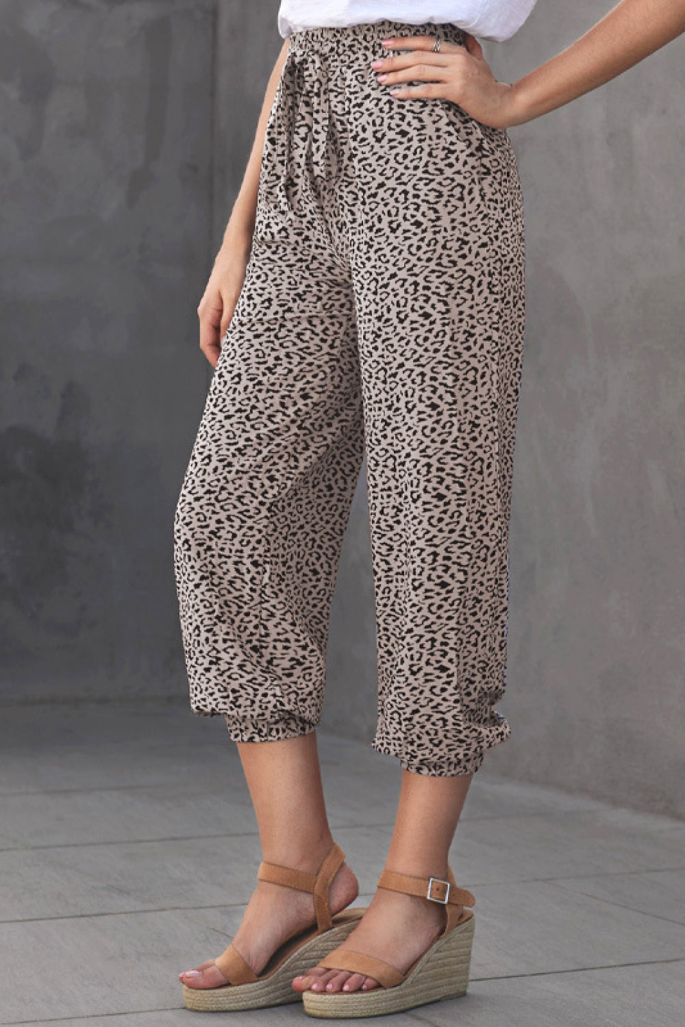 Leopard Tie Waist Drawstring Jogger Pants