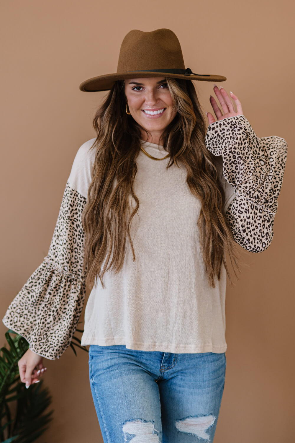 AMOLI Aspire to Inspire Full Size Run Leopard Bell Sleeve Top