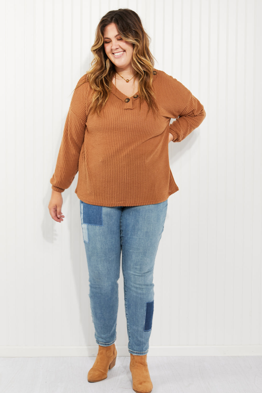 Zenana Apple Dumplings Full Size Brushed Waffle Knit Henley in Deep Camel