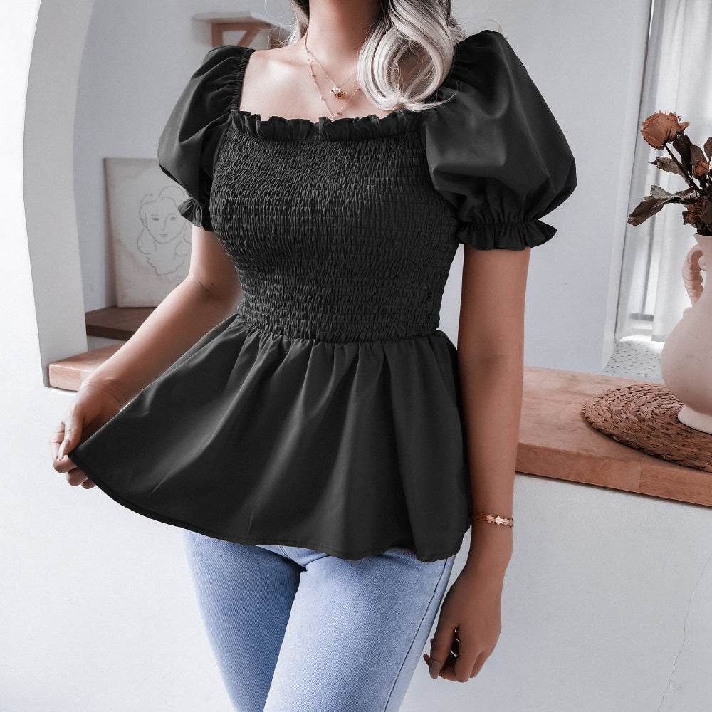 Smocked Puff Sleeve Peplum Top