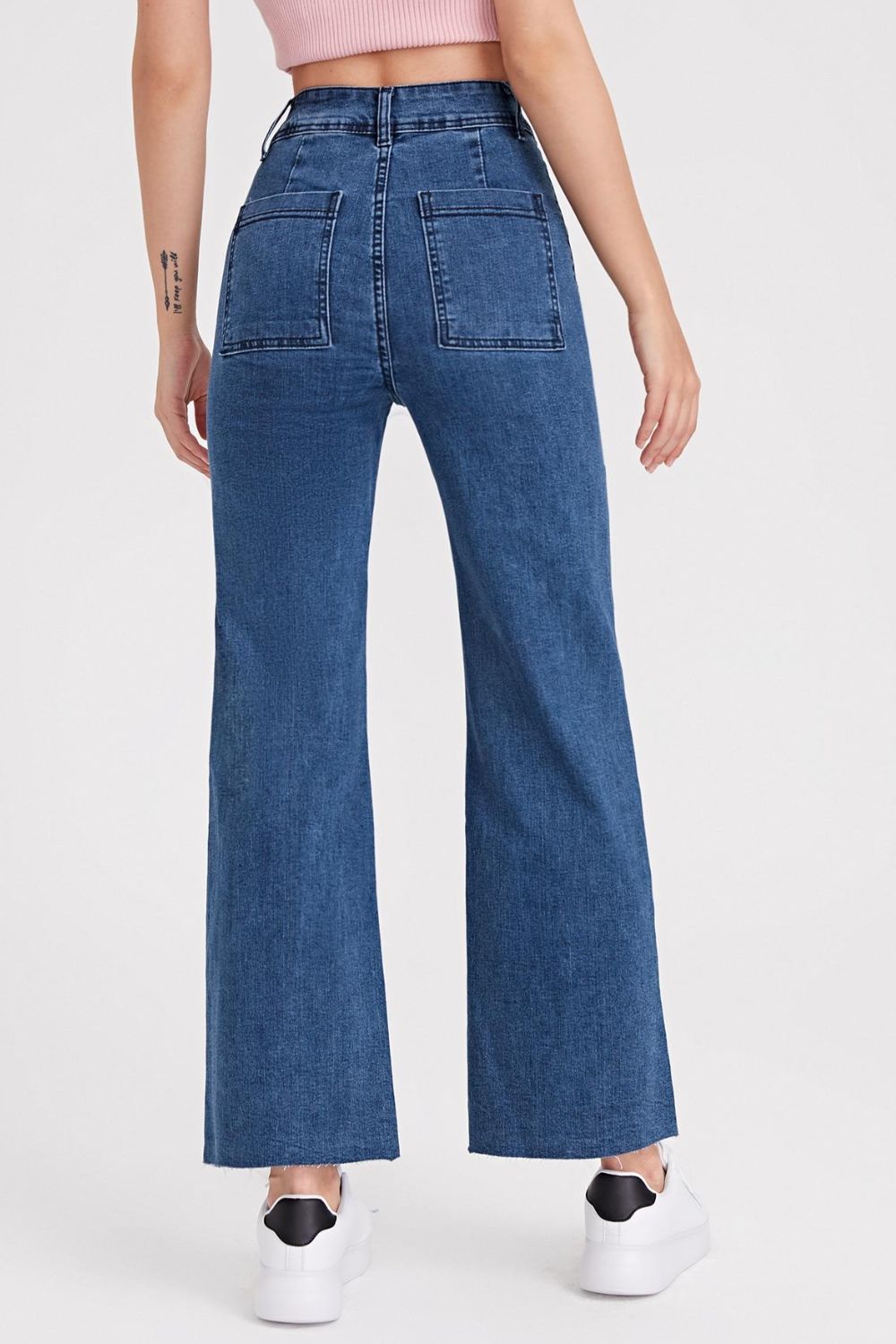 One-Button High Waist Bootcut Jeans with Pockets