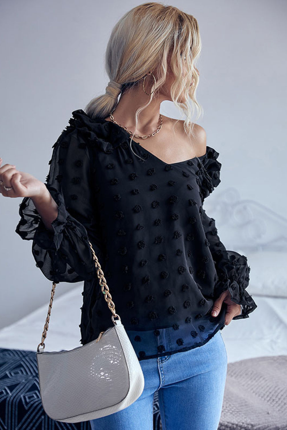 Swiss Dot Ruffled Shoulder Blouse