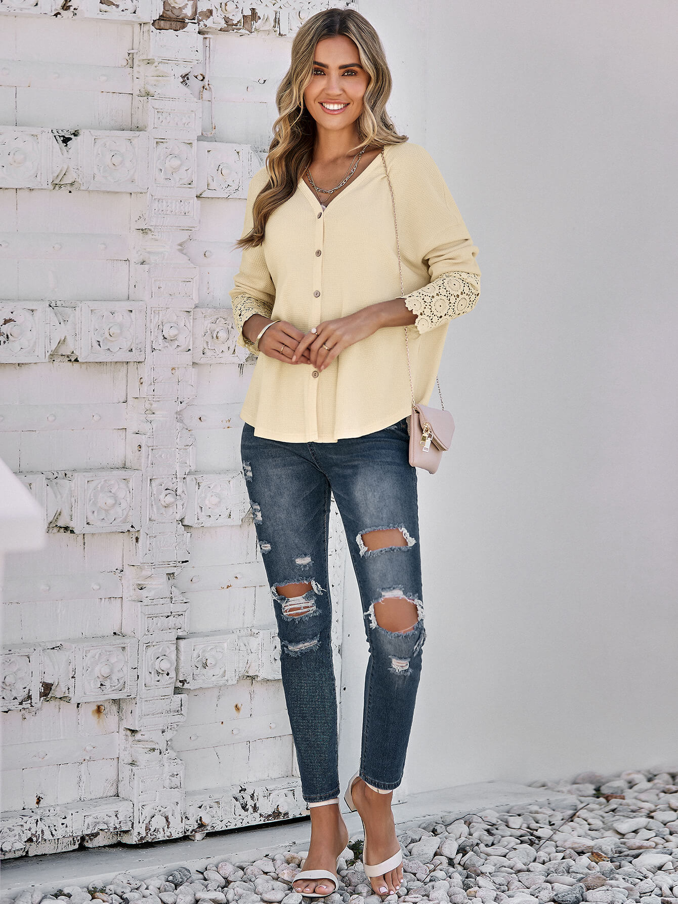 Spliced Lace Long Sleeve Waffle-Knit Top