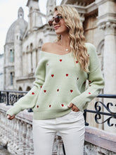 Load image into Gallery viewer, Heart Print V-Neck Dropped Shoulder Sweater
