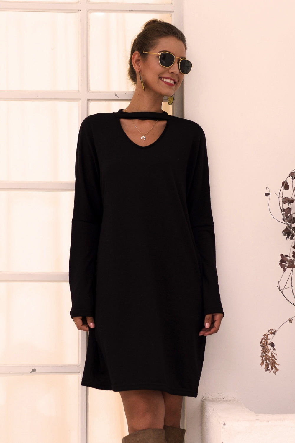 Cut-Out V-Neck Long Sleeve Dress