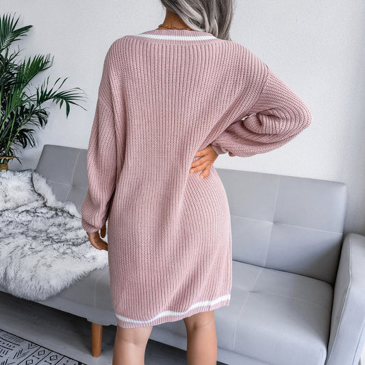 Single Striped Rib-Knit V-Neck Sweater Dress (Belt Not Included)