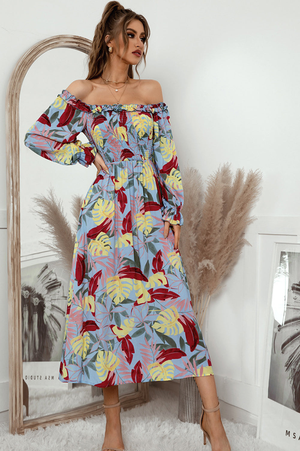 Botanical Print Off-Shoulder Side Slit Midi Dress