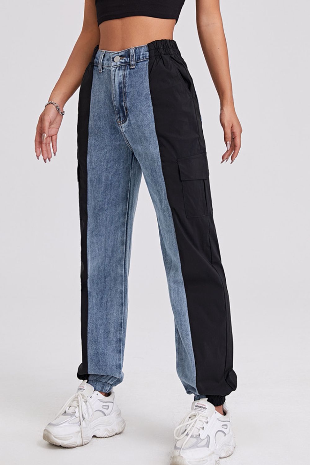 Two-Tone Elastic Hem Jeans