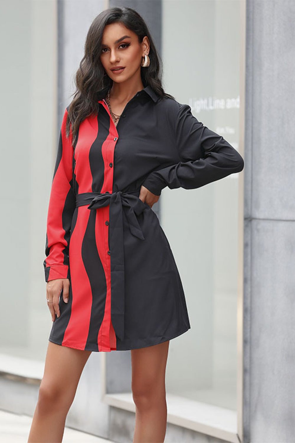 Striped Tie Waist Shirt Dress