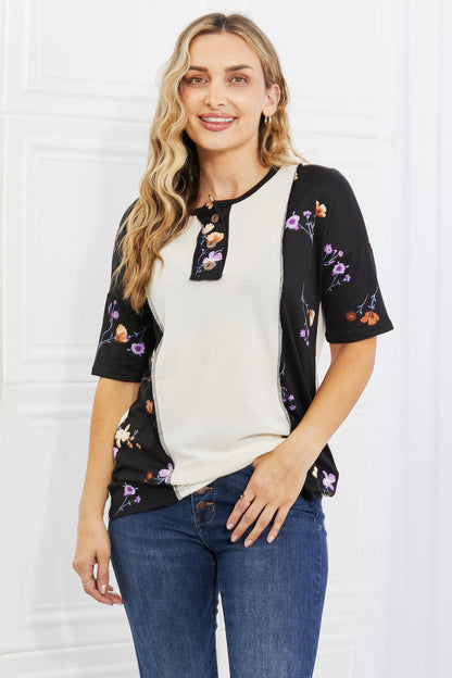 BOMBOM She's Blossoming Floral Contrast Knit Top in Black