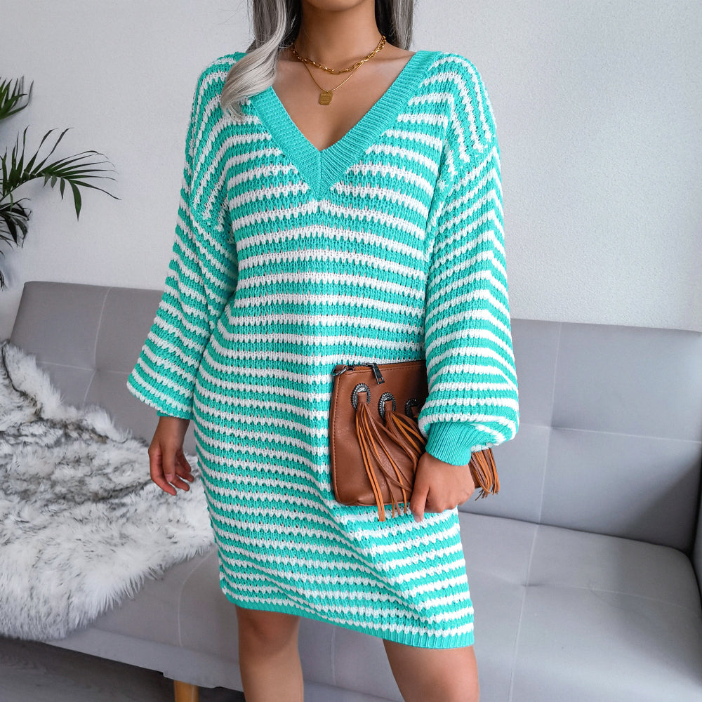 Striped Lantern Sleeve Mini Sweater Dress