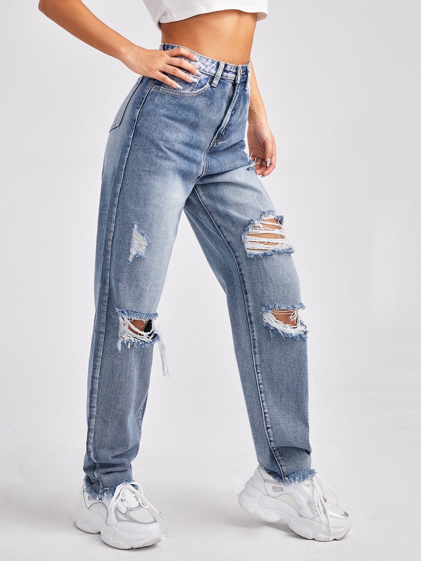 Distressed Raw Hem High-Rise Boyfriend Jeans