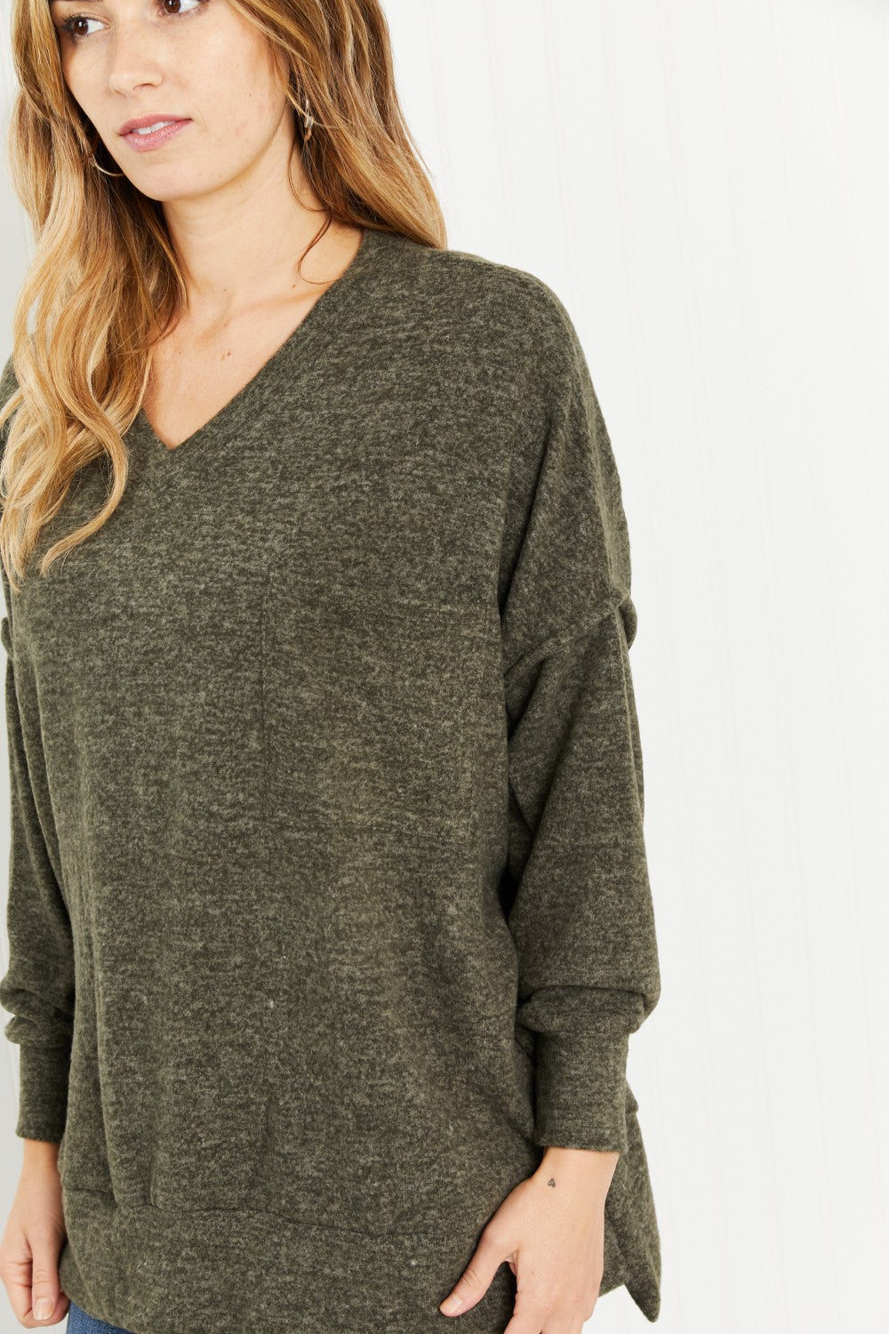 Zenana Up in Vancouver Full Size Melange Sweater in Dark Olive