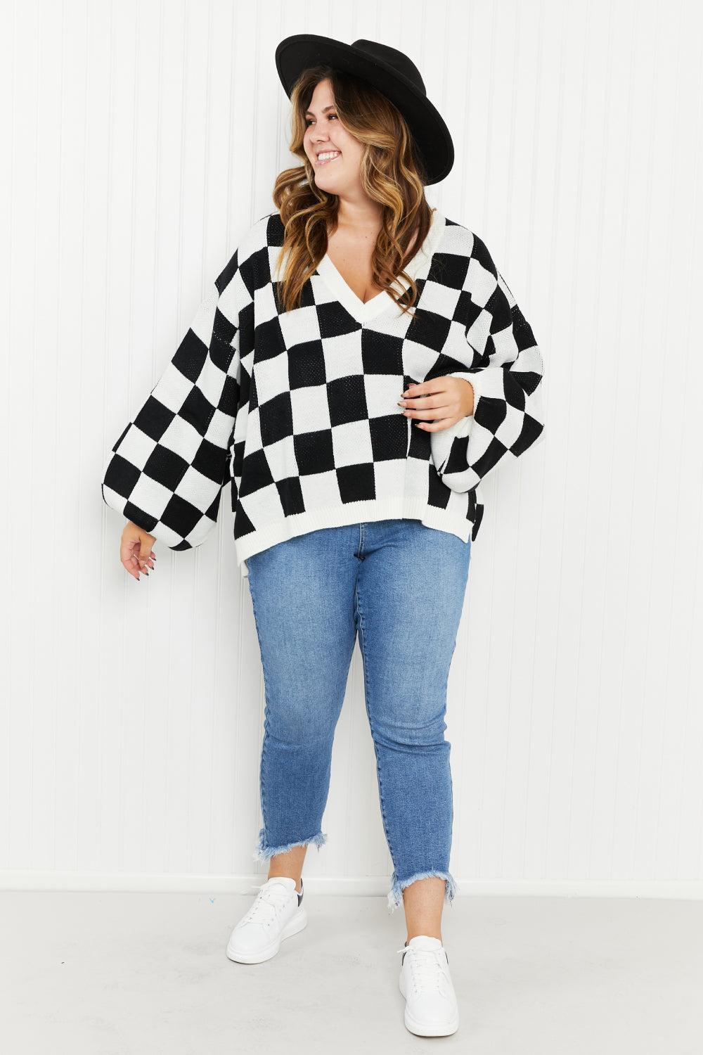 Davi & Dani Reality Check Full Size Checkered V-Neck Sweater