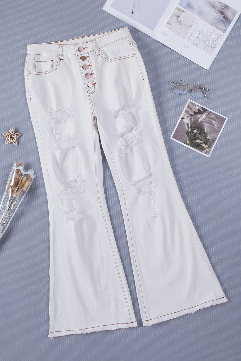 Contrast Stitching Distressed Button Fly Flare Jeans