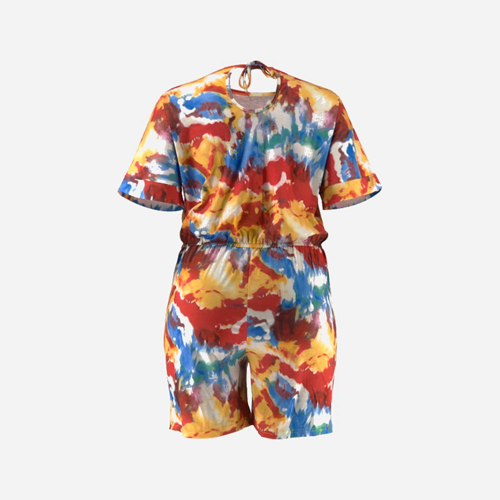 Full Size Tie-Dye Round Neck Romper with Pockets