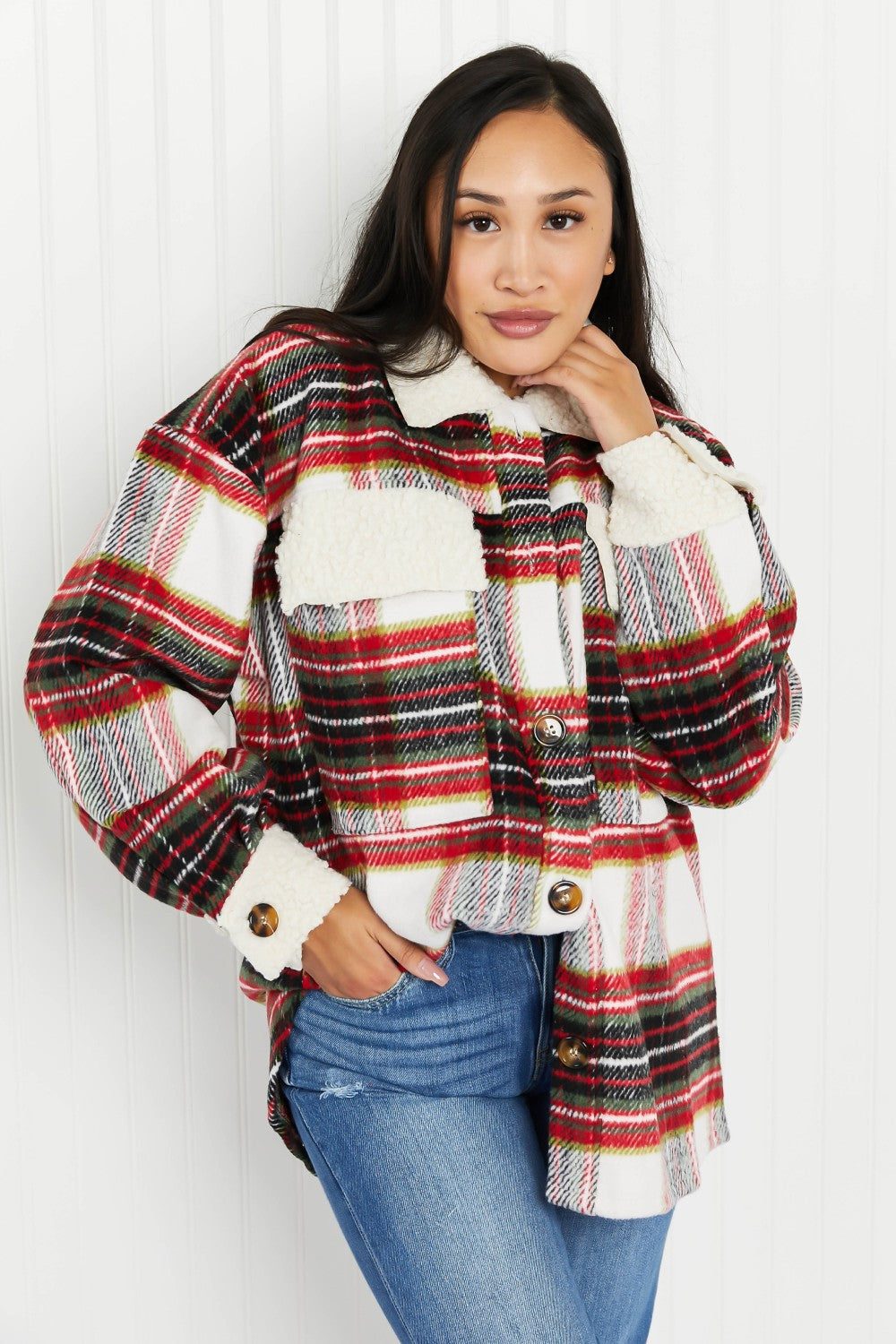 Davi & Dani Fresh Fall Vibes Full Size Plaid Button Down Jacket with Teddy Trim