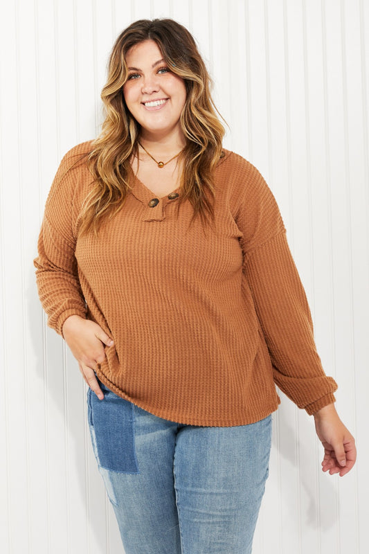 Zenana Apple Dumplings Full Size Brushed Waffle Knit Henley in Deep Camel