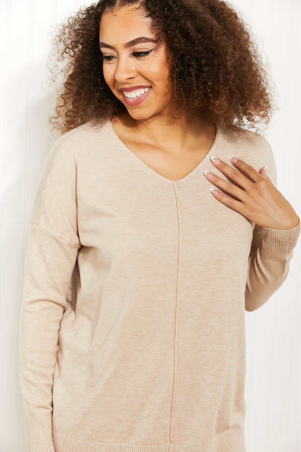 Zenana Hello Fall Full Size Center Seam Sweater in Beige