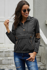 Striped Sleeve Drawstring Jacket with Zipper Pockets