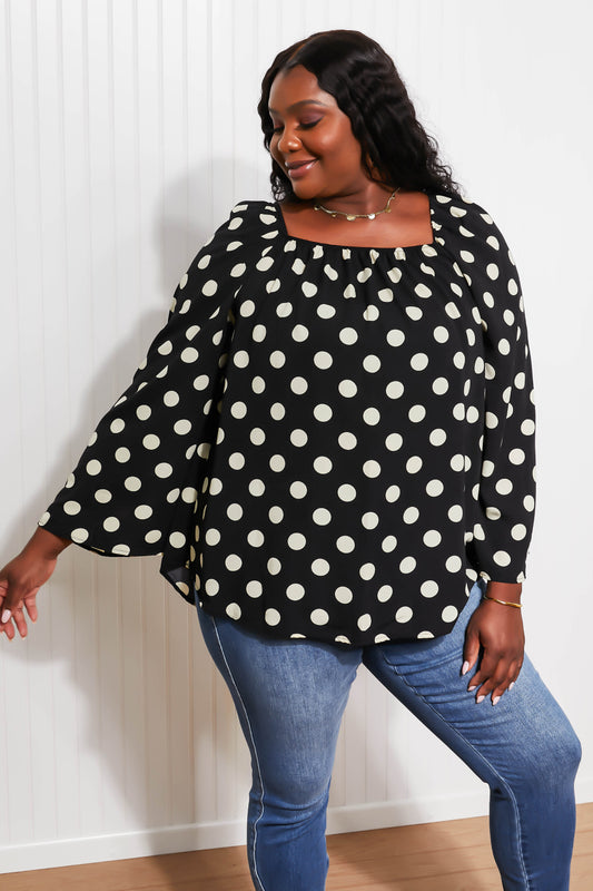 CY Fashion Polka Dot Party Full Size Bell Sleeve Blouse