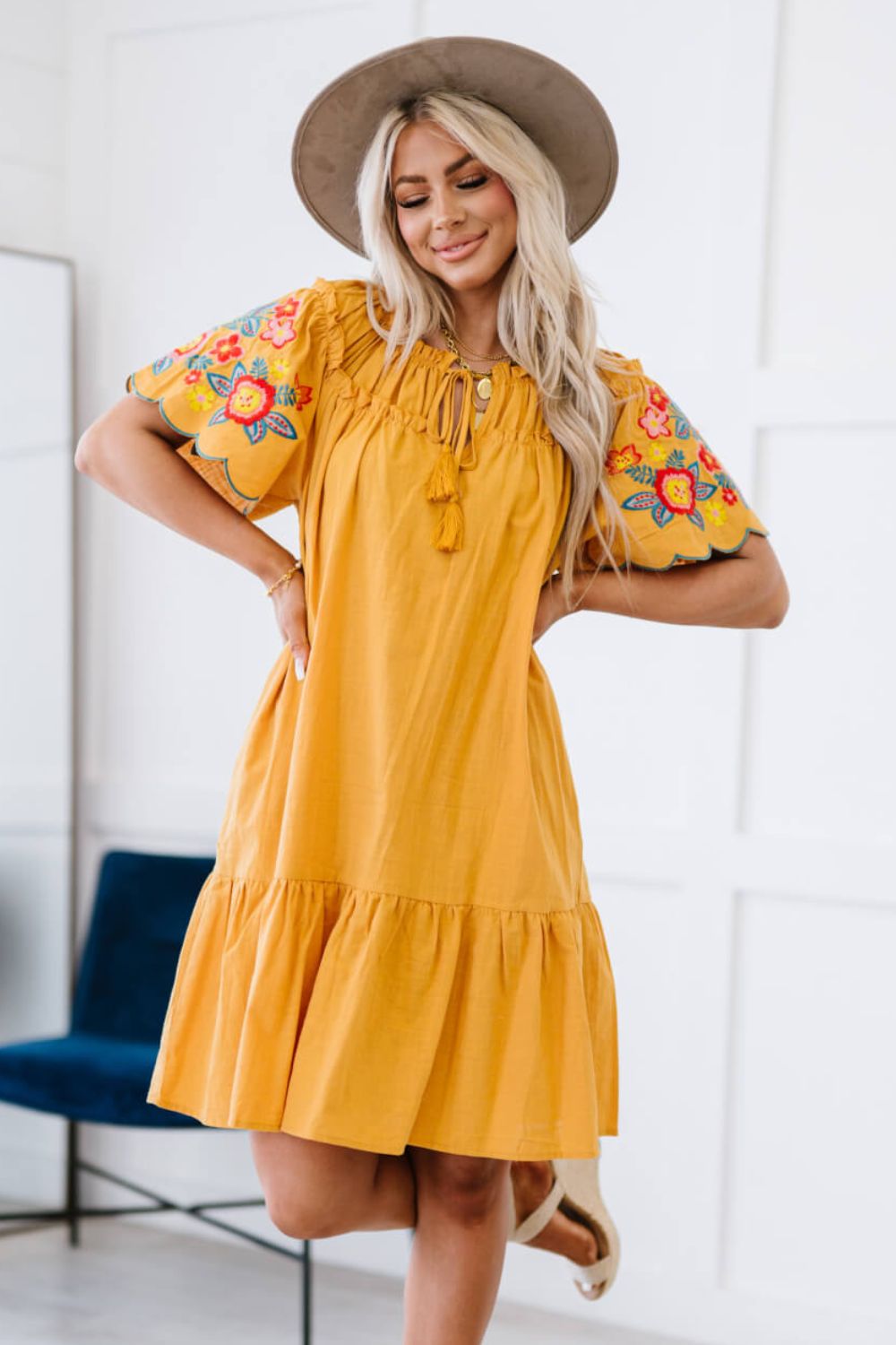 Davi & Dani Flowers for You Full Size Embroidered Dress in Mustard