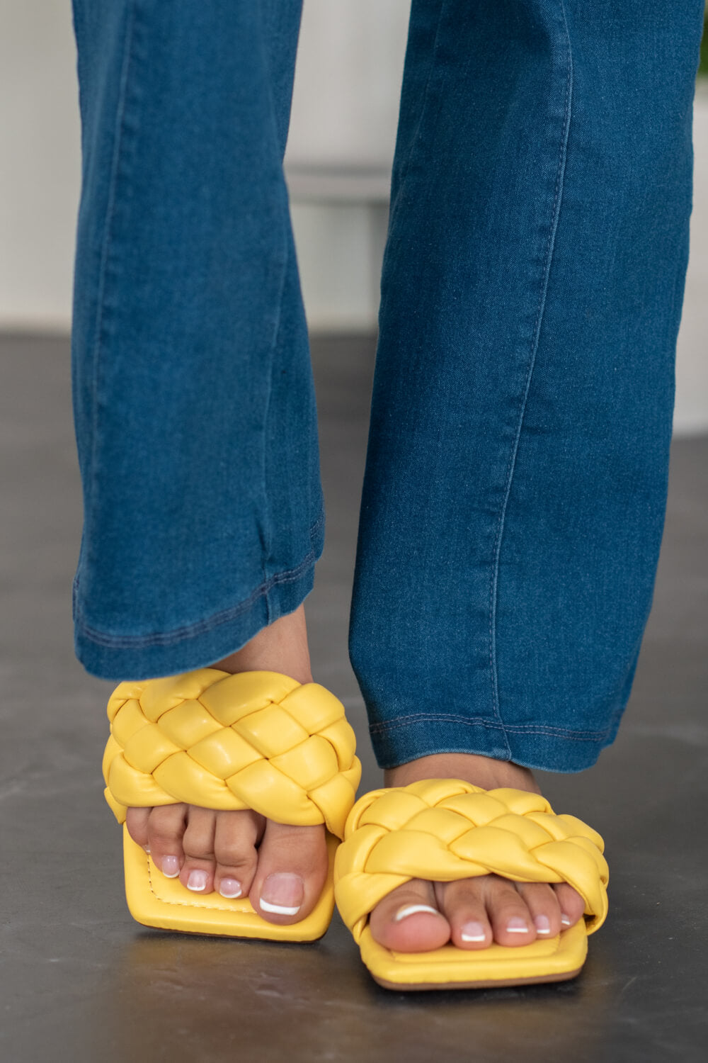 Weeboo Cakewalk Woven Square Toe Slides in Yellow