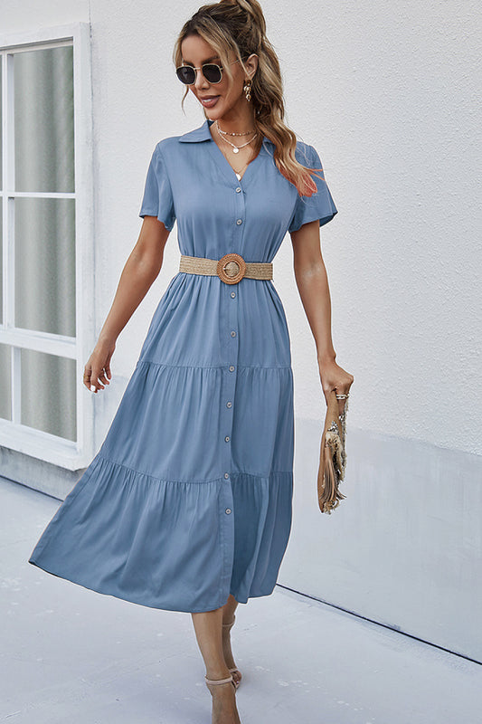 Collared Tiered Midi Shirt Dress (Belt Not Included)