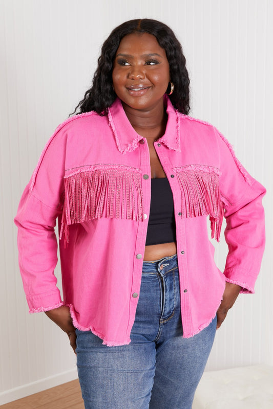 GeeGee Southwest Full Size Rhinestone Fringe Detail Shirt Jacket