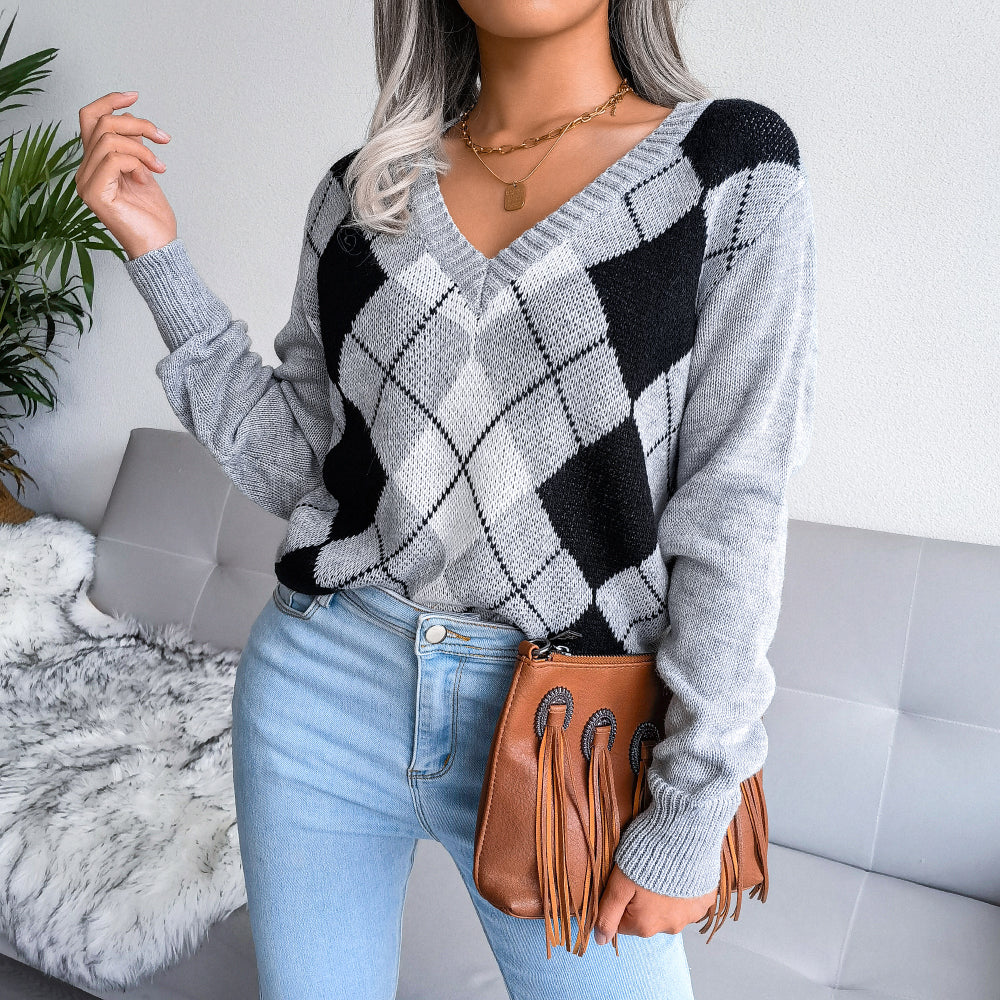 Argyle V-Neck Long Sleeve Sweater