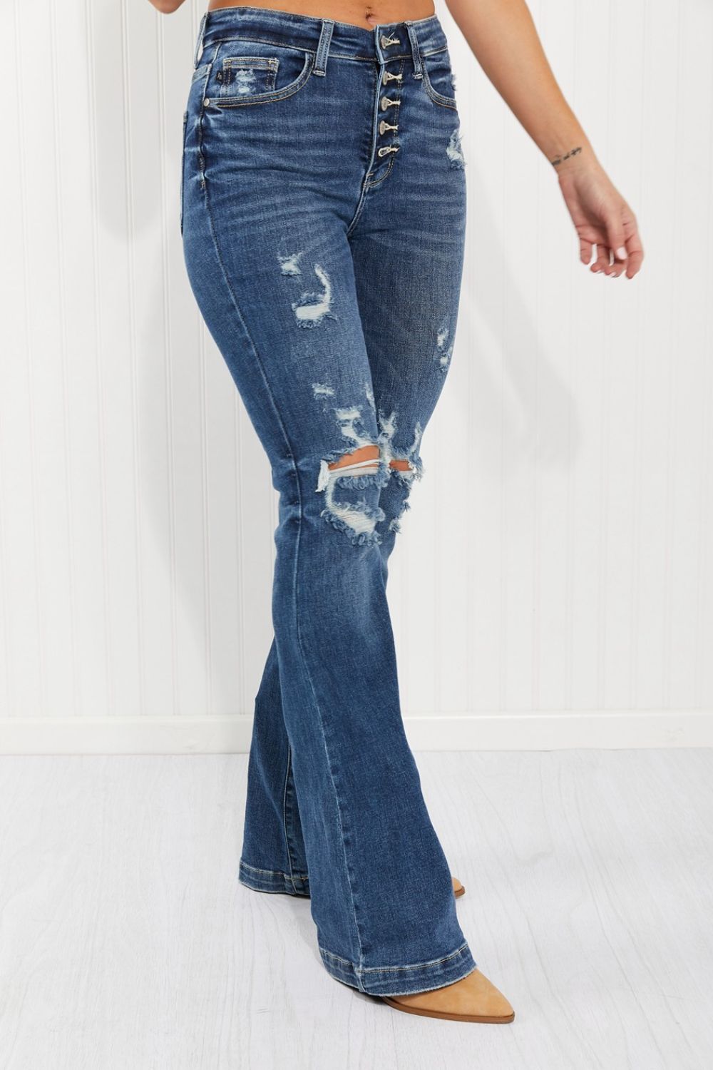 Judy Blue Ophelia Full Size Mid-Rise Destroyed Flare Jeans