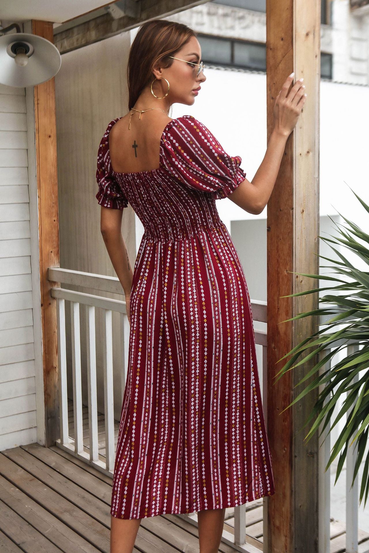 Geometric Print Side Slit Puff Sleeve Midi Dress