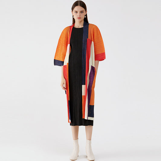 Color Block Accordion Pleated Open Front Longline Cardigan