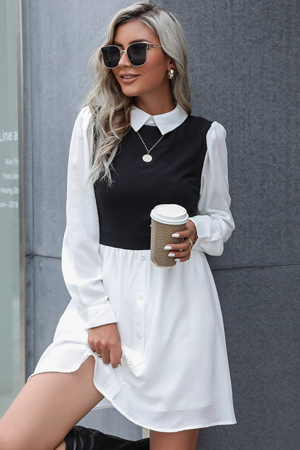 Two-Tone Collared Shirt Dress