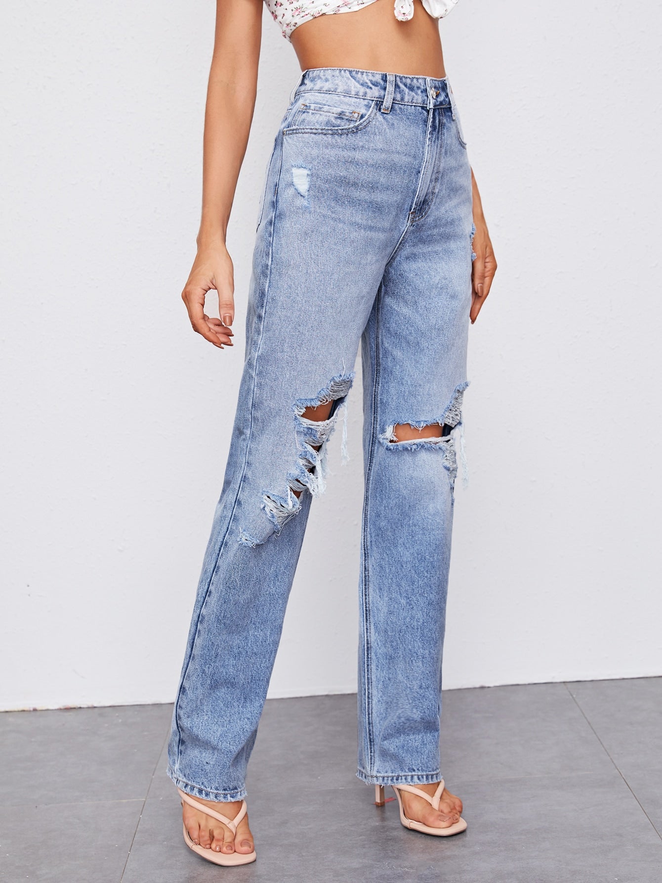 High-Waisted Distressed Straight Leg Jeans with Pockets