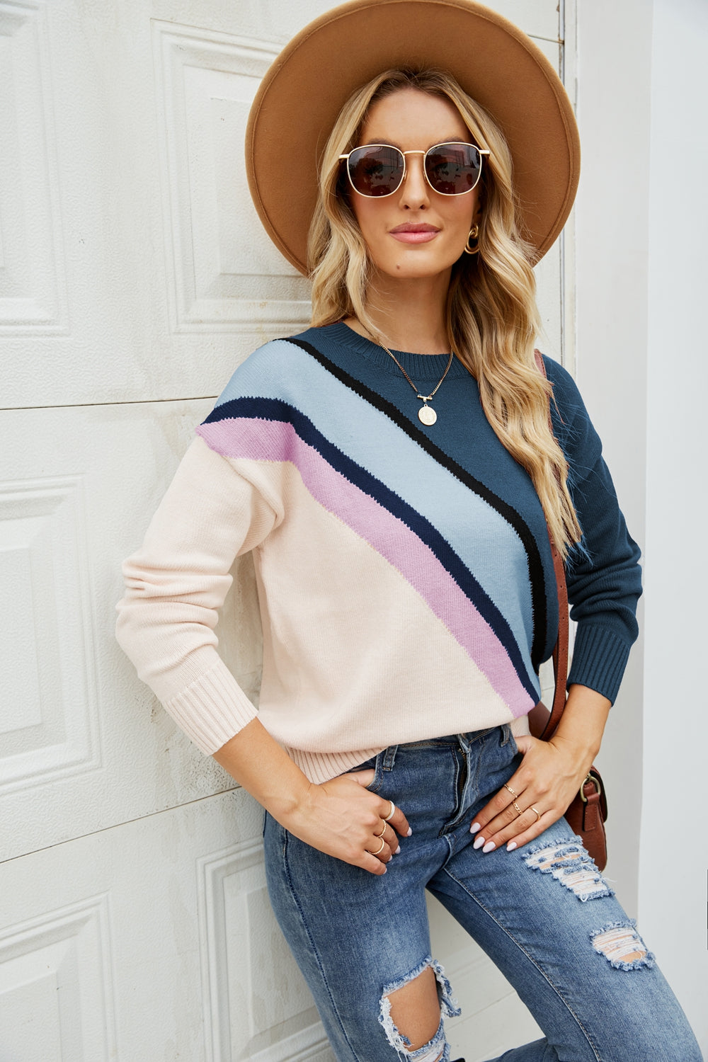 Color Block Ribbed Trim Dropped Shoulder Sweater