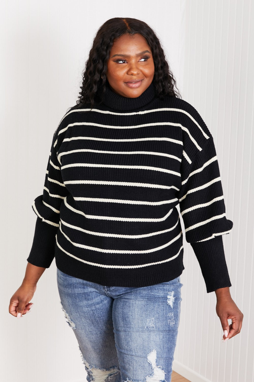 CY Fashion No Worries Full Size Striped Turtleneck Sweater