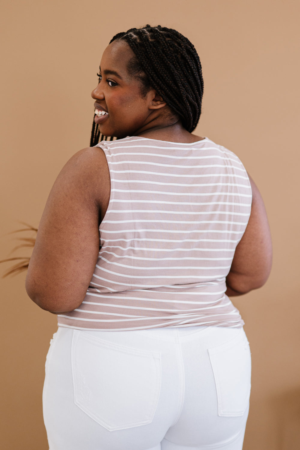 Zenana Just a City Girl Full Size Striped Twist Detail Tank in Tan