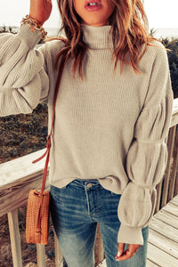 High Neck Bubble Sleeve Rib-Knit Sweater