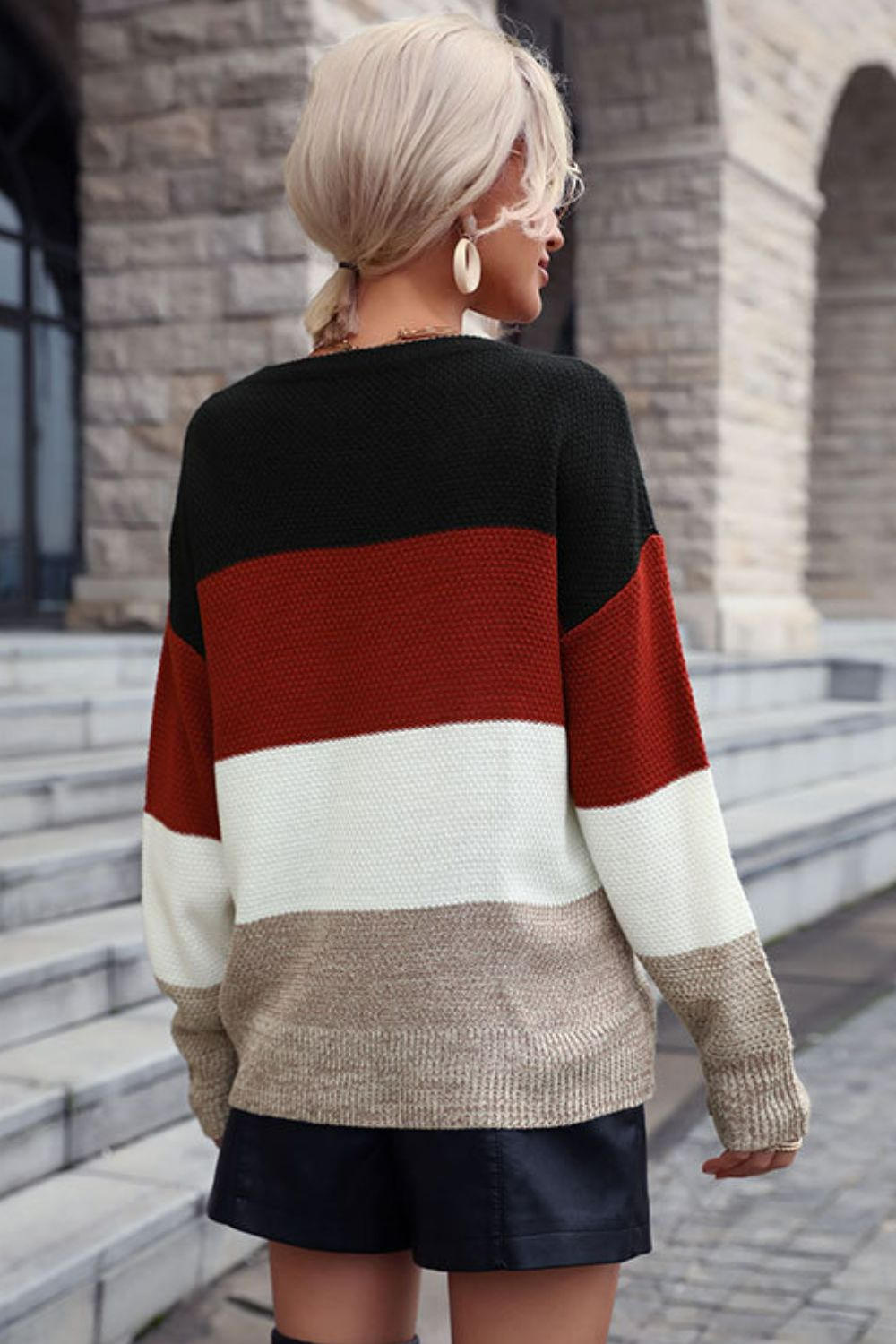 Color Block Long Sleeve Round Neck Sweater