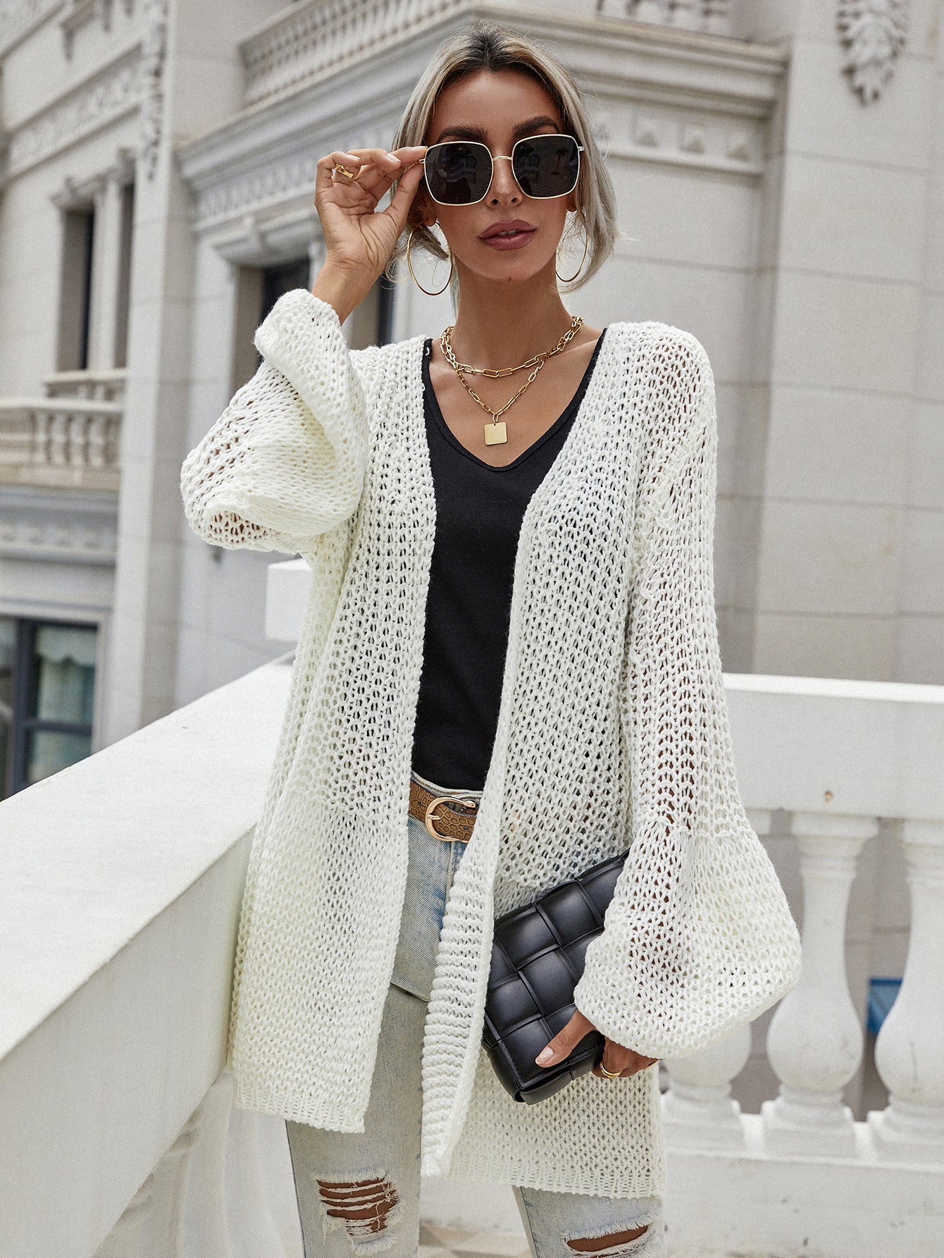 Flare Sleeve Openwork Open Front Cardigan