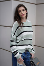 Load image into Gallery viewer, Striped Rib-Knit Round Neck Long Sleeve Sweater
