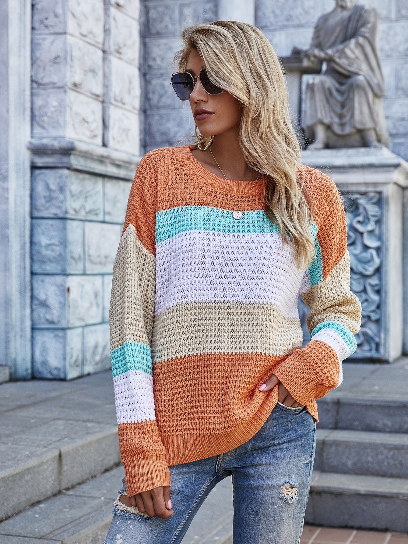 Striped Chunky Knit Long Sleeve Sweater