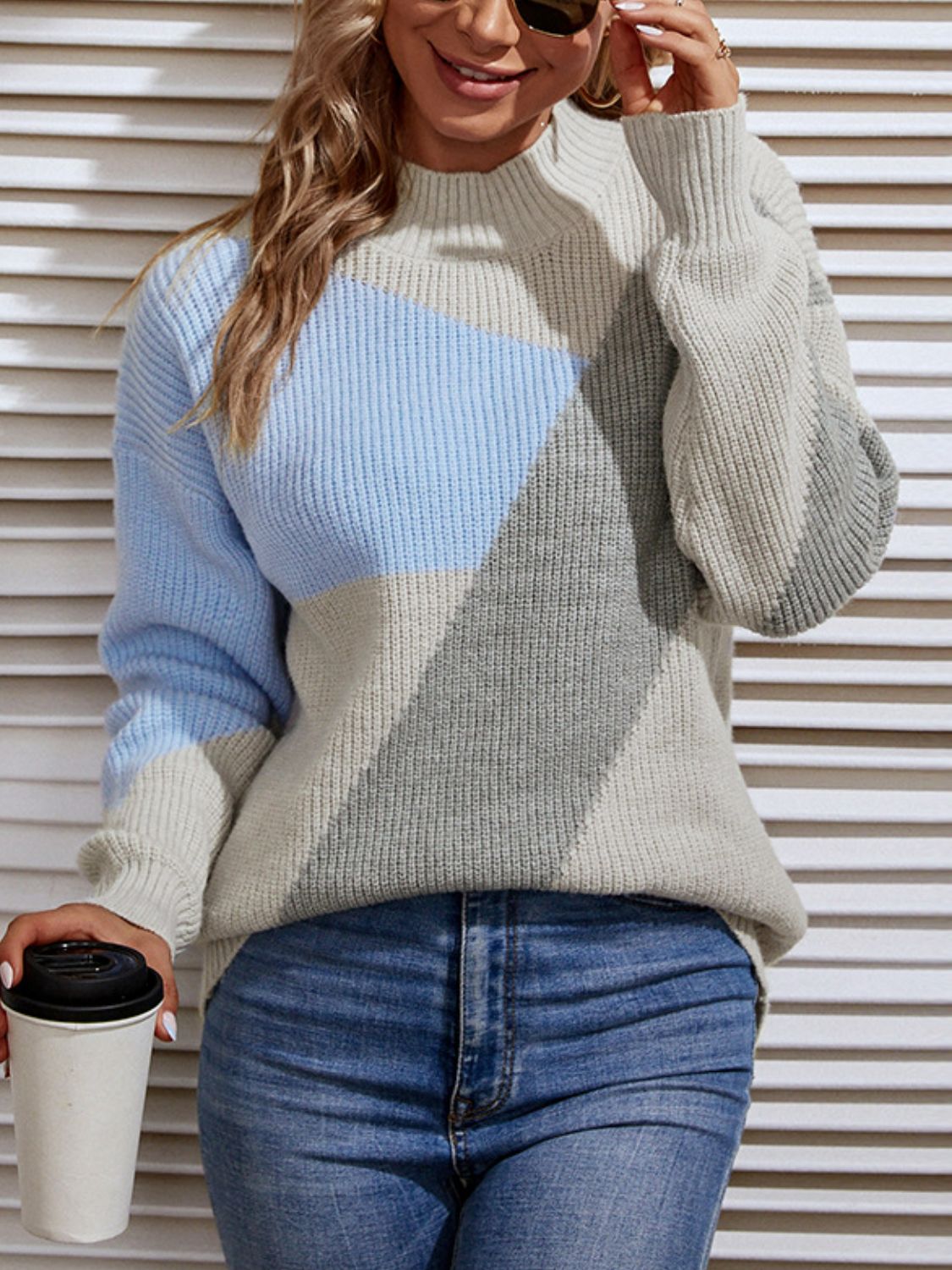 Color Block Dropped Shoulder Mock Neck Sweater