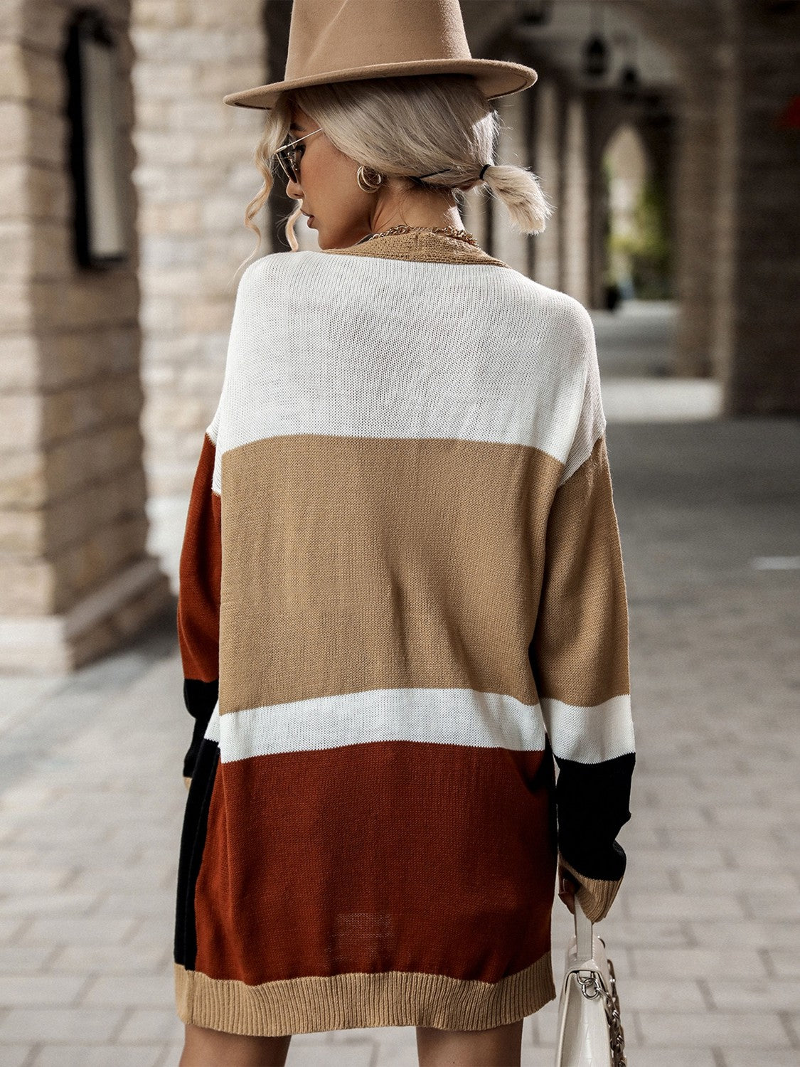 Color Block Button Up Dropped Shoulder Cardigan