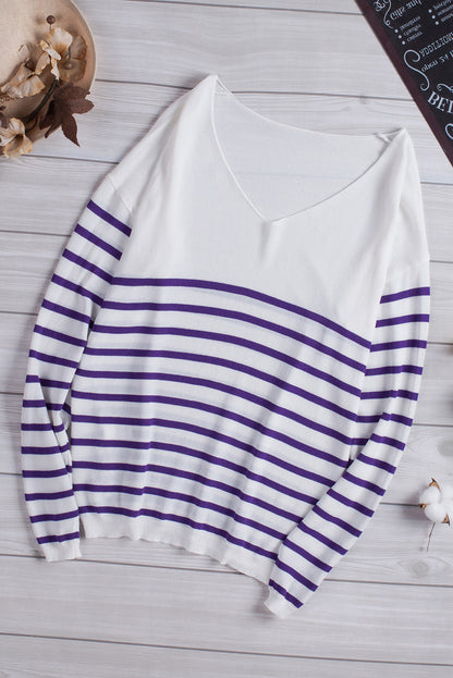 Striped V-Neck Long Sleeve Knit Top