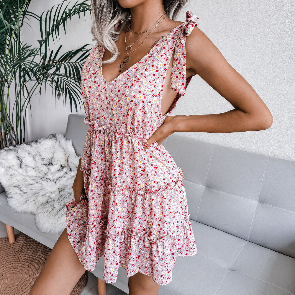 Floral Tie Shoulder Tiered Mini Dress