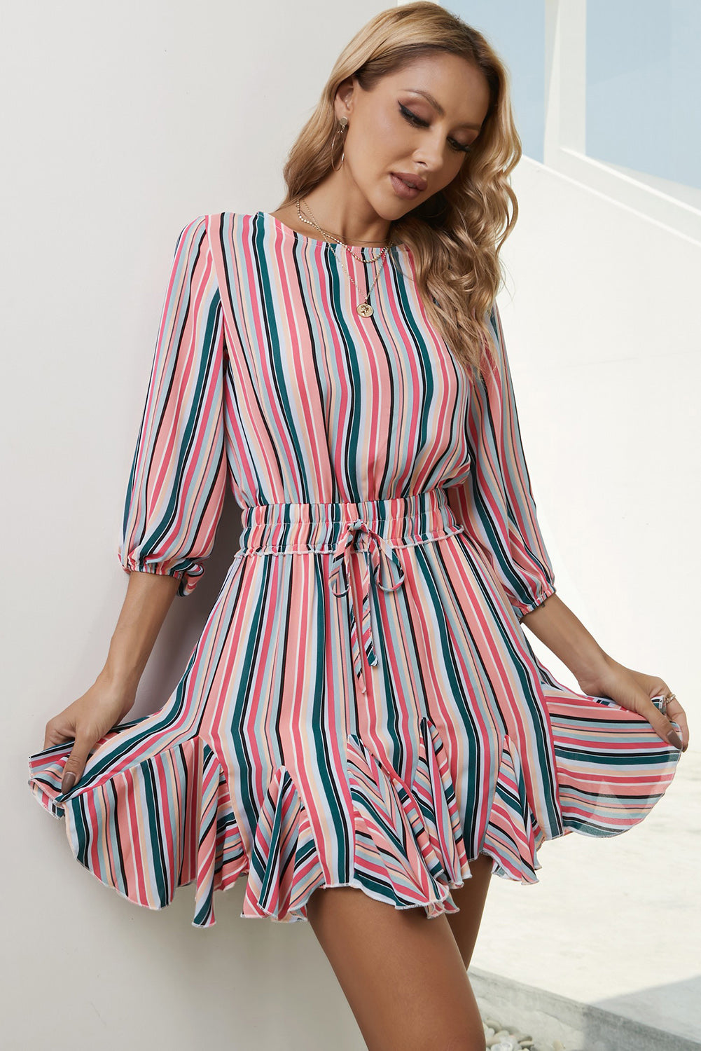 Striped Drawstring Waist Three-Quarter Sleeve Mini Dress